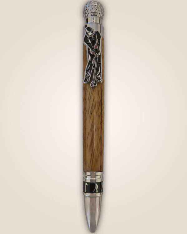 Wooden pen with a golf clip.