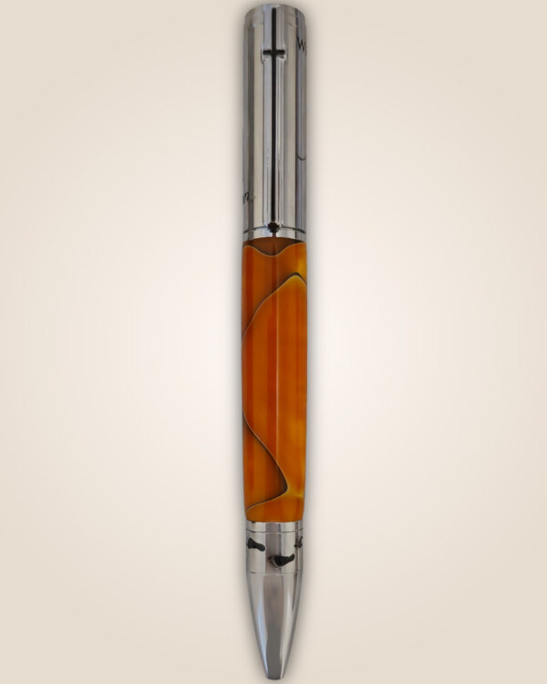 Orange pen with a cross on a silver topping.